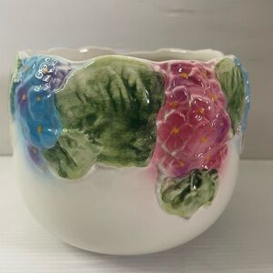Vintage Pier One Pink Blue Hydrangea Floral Ceramic Planter 5”